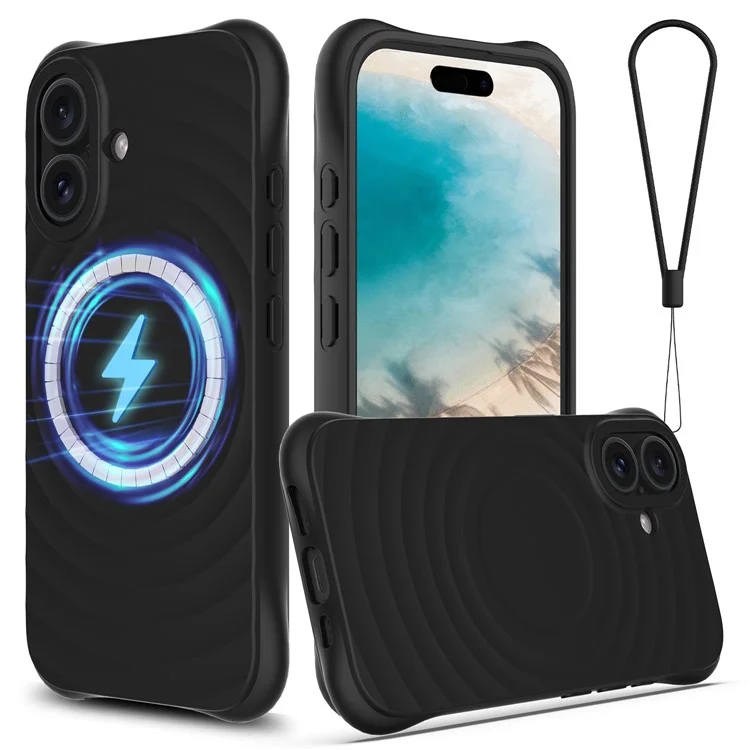 Pour Iphone 16 Plus Case Compatible Avec Magsafe Ripple Texture Liquid Silicone Protective Cover Avec Sangle - Noir