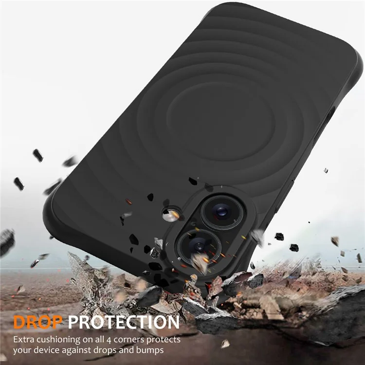 Pour Iphone 16 Plus Case Compatible Avec Magsafe Ripple Texture Liquid Silicone Protective Cover Avec Sangle - Noir