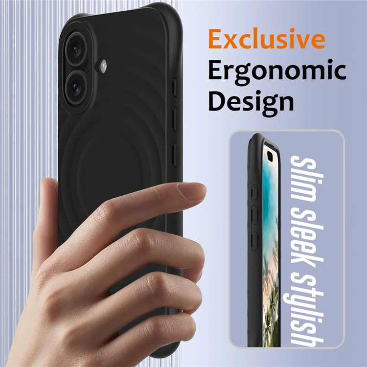 Pour Iphone 16 Plus Case Compatible Avec Magsafe Ripple Texture Liquid Silicone Protective Cover Avec Sangle - Noir