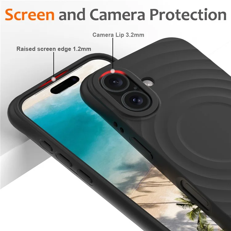 Pour Iphone 16 Plus Case Compatible Avec Magsafe Ripple Texture Liquid Silicone Protective Cover Avec Sangle - Noir