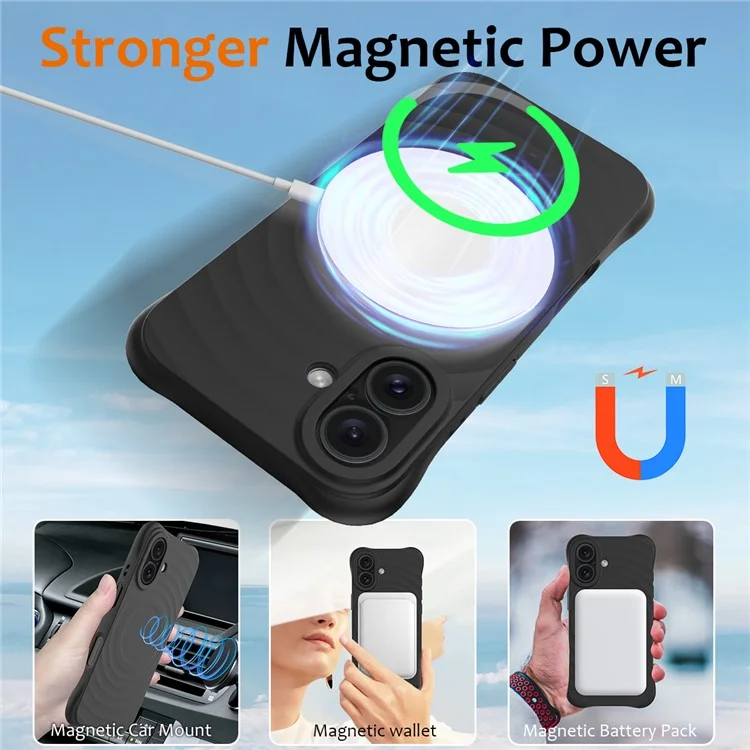 Pour Iphone 16 Plus Case Compatible Avec Magsafe Ripple Texture Liquid Silicone Protective Cover Avec Sangle - Noir