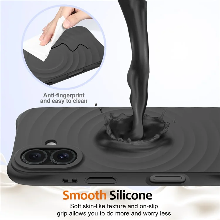 Pour Iphone 16 Plus Case Compatible Avec Magsafe Ripple Texture Liquid Silicone Protective Cover Avec Sangle - Noir