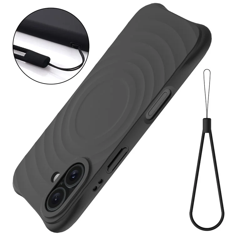Pour Iphone 16 Plus Case Compatible Avec Magsafe Ripple Texture Liquid Silicone Protective Cover Avec Sangle - Noir