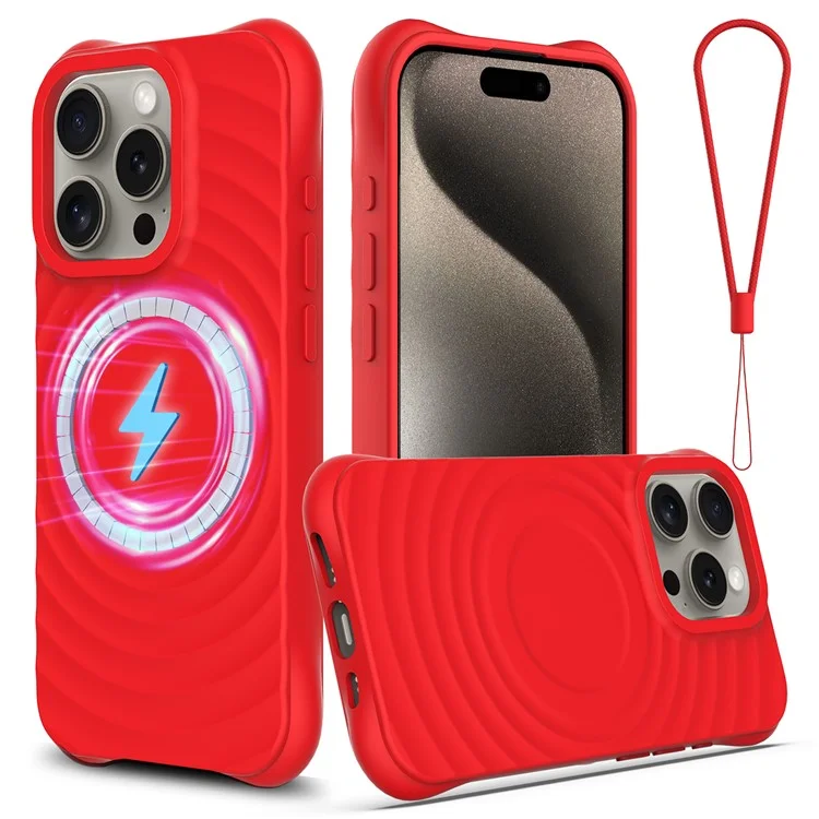 For iPhone 16 Pro Max Case Compatible with MagSafe Ripple Texture Liquid Silicone Protective Cover with Strap - Red