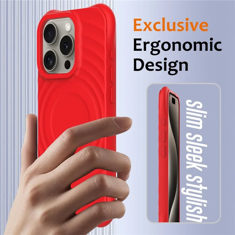 For iPhone 16 Pro Max Case Compatible with MagSafe Ripple Texture Liquid Silicone Protective Cover with Strap - Red