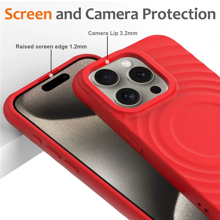 For iPhone 16 Pro Max Case Compatible with MagSafe Ripple Texture Liquid Silicone Protective Cover with Strap - Red
