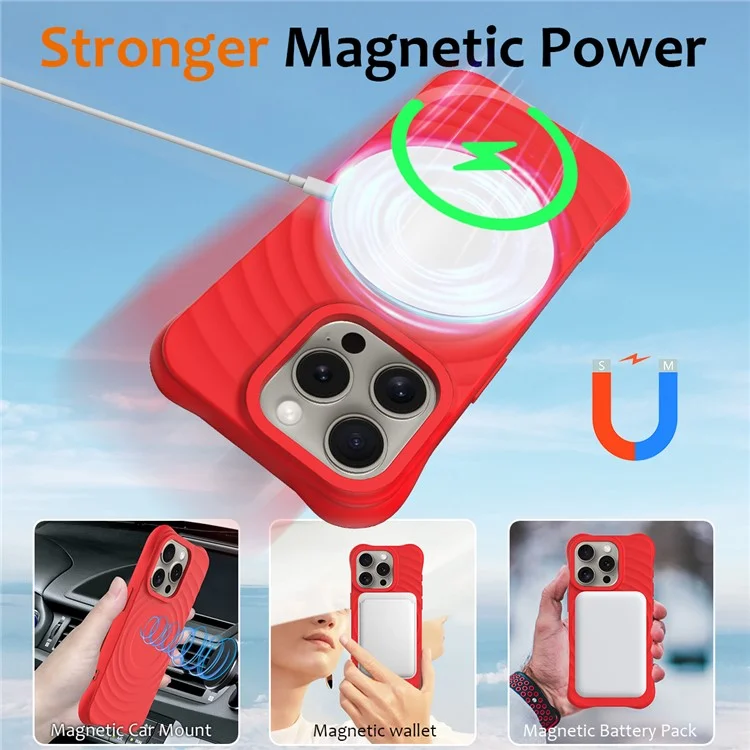 For iPhone 16 Pro Max Case Compatible with MagSafe Ripple Texture Liquid Silicone Protective Cover with Strap - Red