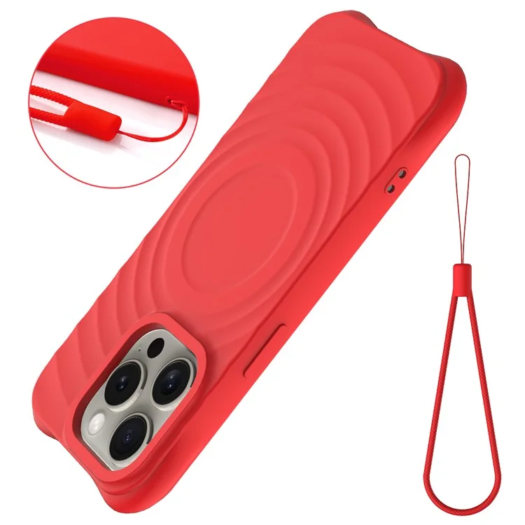 For iPhone 16 Pro Max Case Compatible with MagSafe Ripple Texture Liquid Silicone Protective Cover with Strap - Red