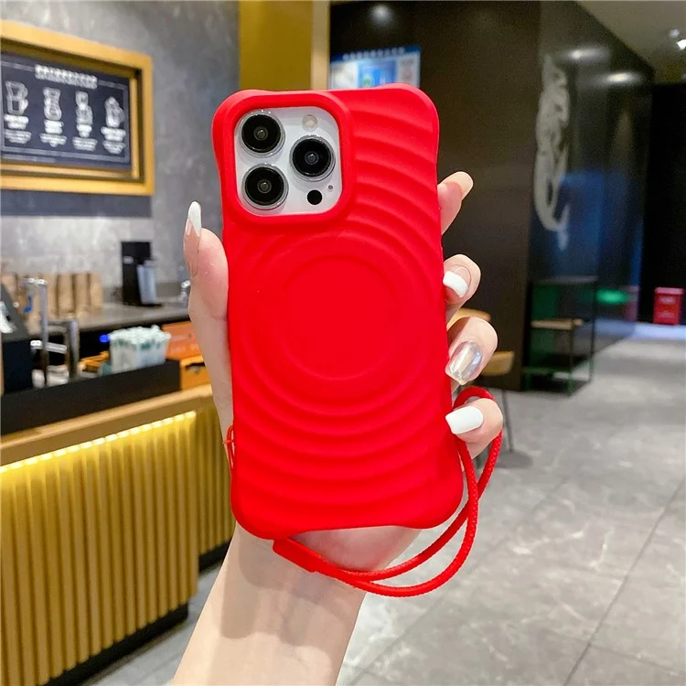 For iPhone 16 Pro Max Case Compatible with MagSafe Ripple Texture Liquid Silicone Protective Cover with Strap - Red
