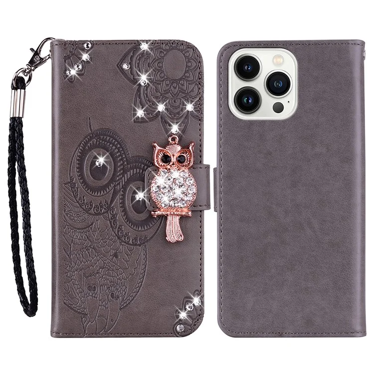 For iPhone 16 Pro Wallet Case Owl Flower Imprinted Rhinestone Leather Cover - Grey