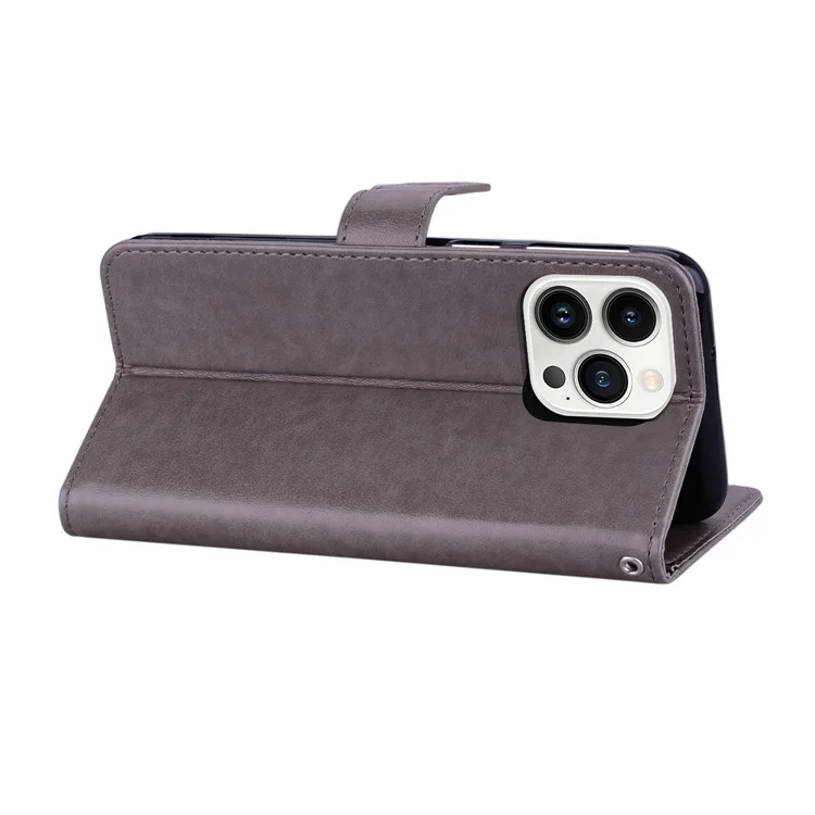 For iPhone 16 Pro Wallet Case Owl Flower Imprinted Rhinestone Leather Cover - Grey