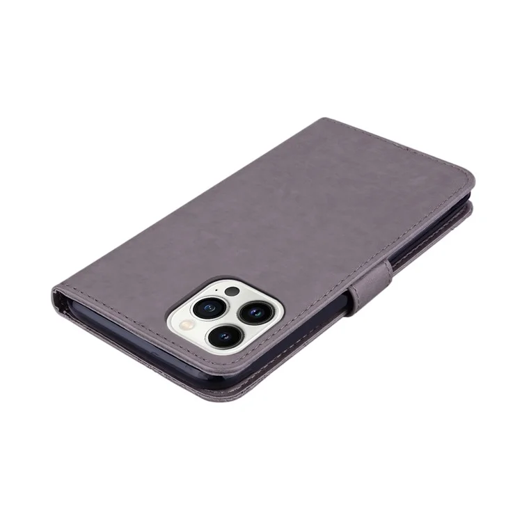 For iPhone 16 Pro Wallet Case Owl Flower Imprinted Rhinestone Leather Cover - Grey