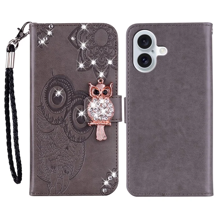 For iPhone 16 Plus Wallet Case Owl Flower Imprinted Rhinestone Leather Cover - Grey