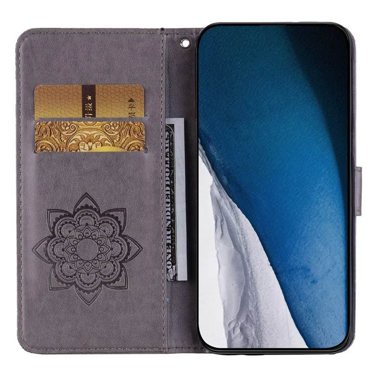 For iPhone 16 Plus Wallet Case Owl Flower Imprinted Rhinestone Leather Cover - Grey