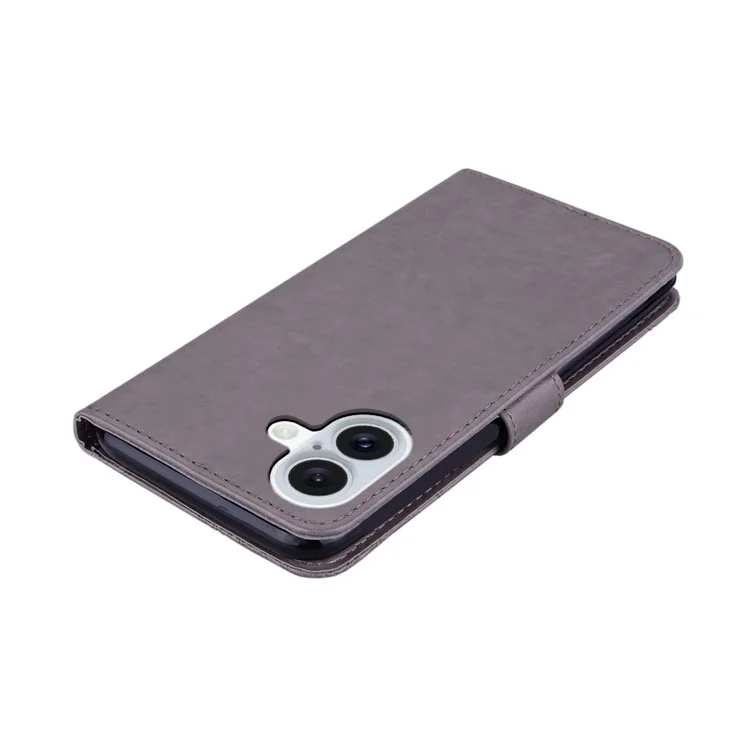 For iPhone 16 Plus Wallet Case Owl Flower Imprinted Rhinestone Leather Cover - Grey