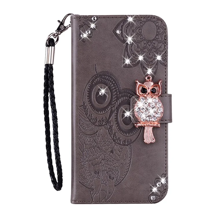 For iPhone 16 Plus Wallet Case Owl Flower Imprinted Rhinestone Leather Cover - Grey