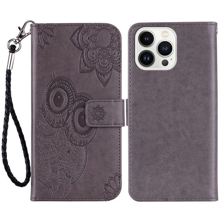 Per iPhone 16 Pro Case Owl Flower Imprinted Leather Cover Wallet with Strap - Grey