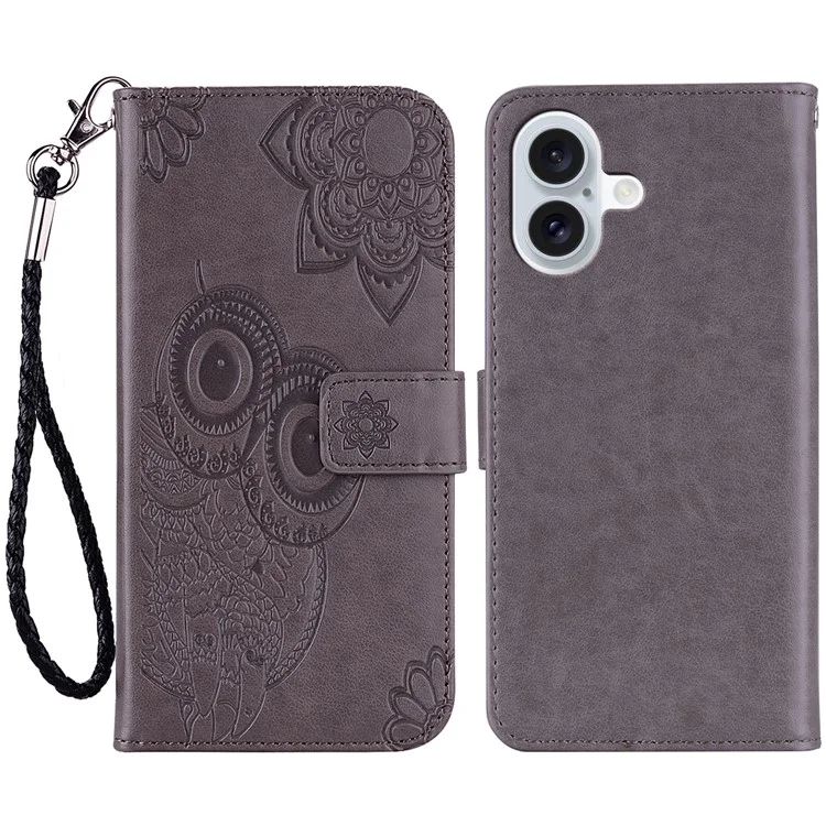 Per iPhone 16 Plus Case Owl Flower Imprinted Leather Cover Wallet with Strap - Grey