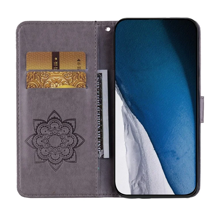 Per iPhone 16 Plus Case Owl Flower Imprinted Leather Cover Wallet with Strap - Grey