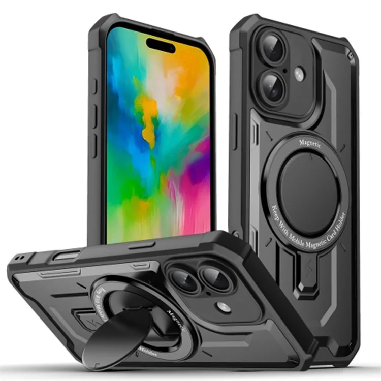 For iPhone 16 Plus Case Compatible with MagSafe Kickstand TPU+PC Phone Cover - Black