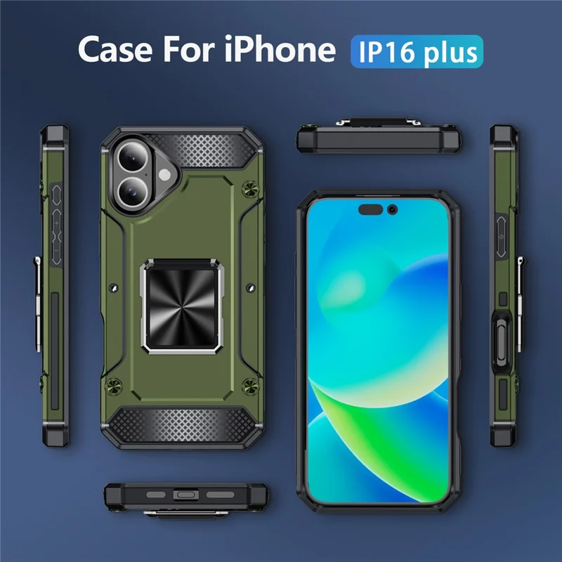 For iPhone 16 Plus Case Military Grade Anti-Drop TPU+PC Phone Shell - Army Green