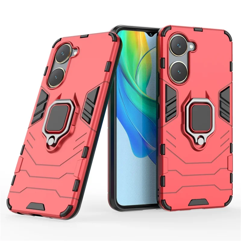 For vivo Y03 / Y28s 5G Case PC+TPU Protective Phone Cover with Ring Kickstand - Red