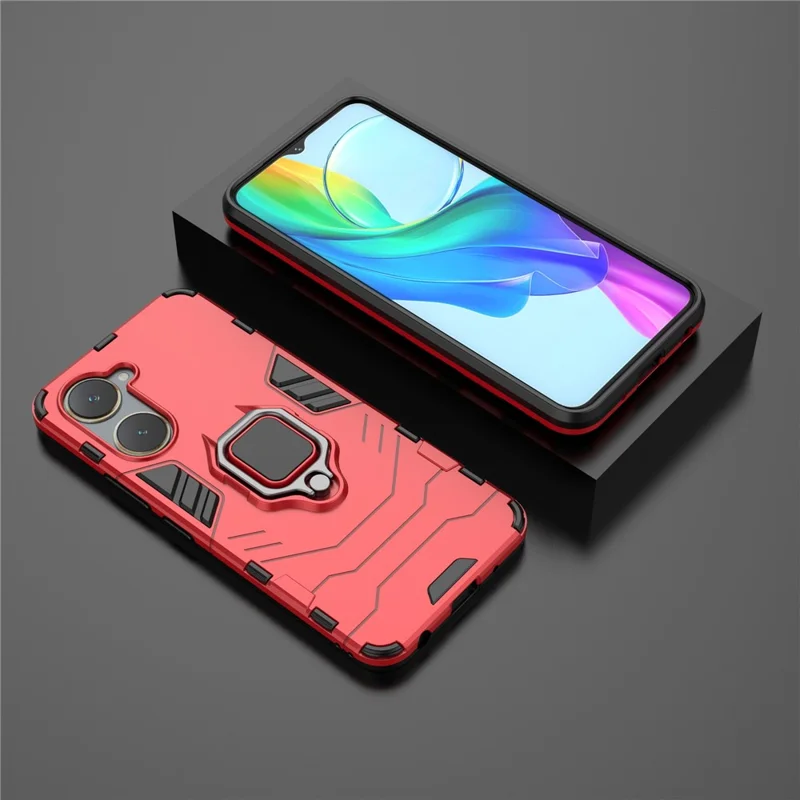 For vivo Y03 / Y28s 5G Case PC+TPU Protective Phone Cover with Ring Kickstand - Red