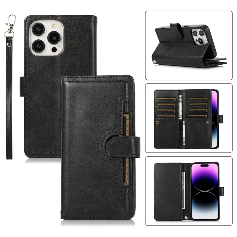 For iPhone 16 Pro Case Split Leather Magnetic Wallet Phone Protector with Wrist Strap - Black
