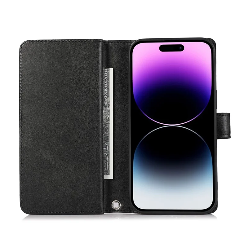 For iPhone 16 Pro Case Split Leather Magnetic Wallet Phone Protector with Wrist Strap - Black
