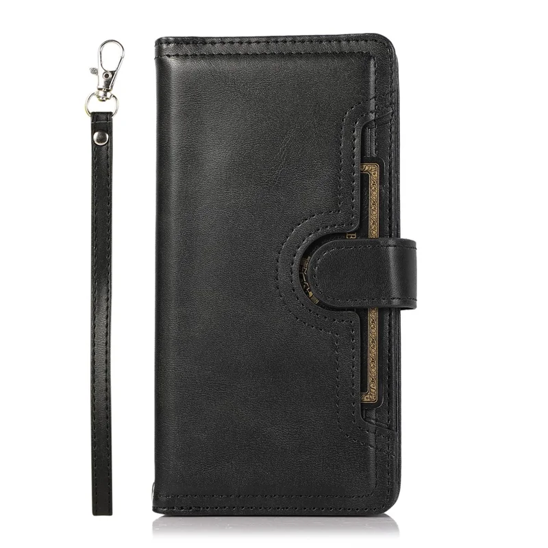 For iPhone 16 Pro Case Split Leather Magnetic Wallet Phone Protector with Wrist Strap - Black