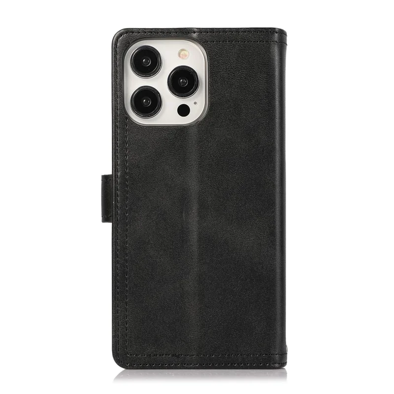 For iPhone 16 Pro Case Split Leather Magnetic Wallet Phone Protector with Wrist Strap - Black