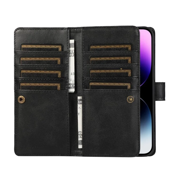 For iPhone 16 Pro Max Case Split Leather Magnetic Wallet Phone Protector with Wrist Strap - Black