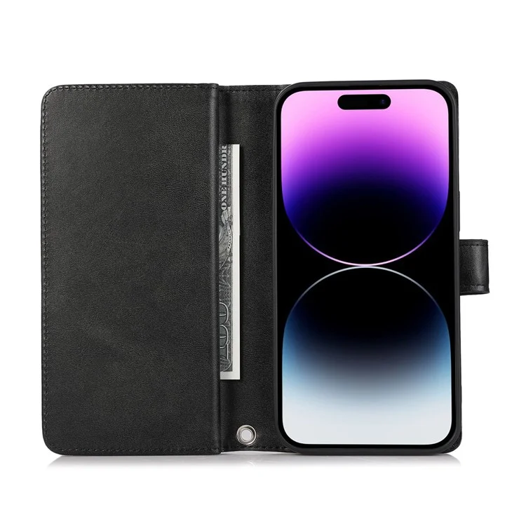 For iPhone 16 Pro Max Case Split Leather Magnetic Wallet Phone Protector with Wrist Strap - Black