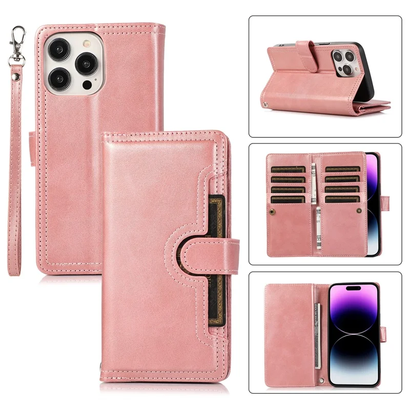 For iPhone 16 Pro Max Case Split Leather Magnetic Wallet Phone Protector with Wrist Strap - Rose Gold