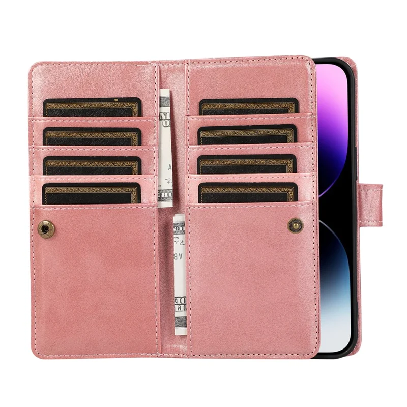For iPhone 16 Pro Max Case Split Leather Magnetic Wallet Phone Protector with Wrist Strap - Rose Gold