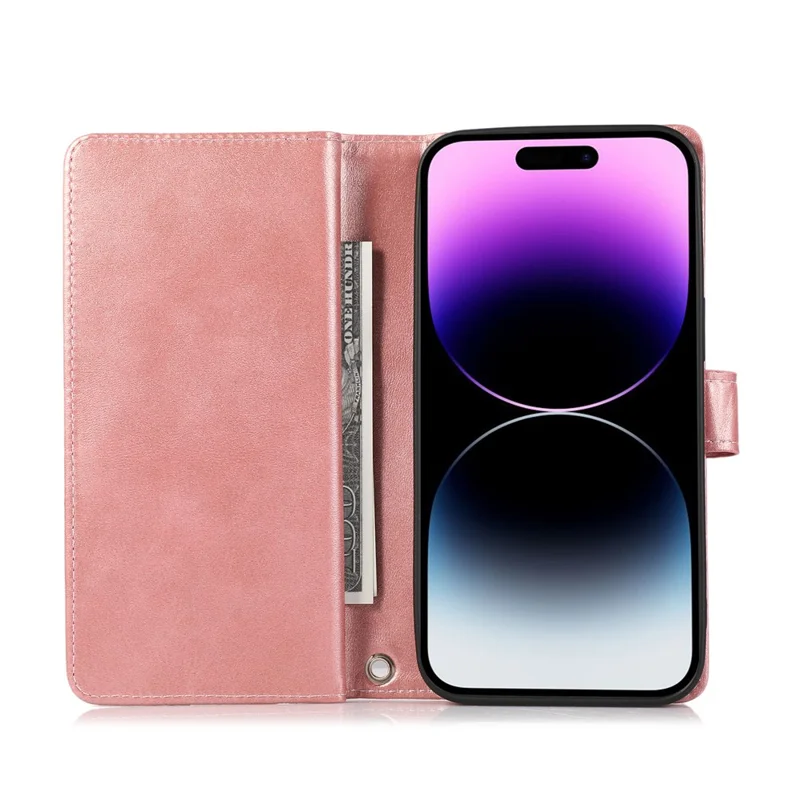 For iPhone 16 Pro Max Case Split Leather Magnetic Wallet Phone Protector with Wrist Strap - Rose Gold