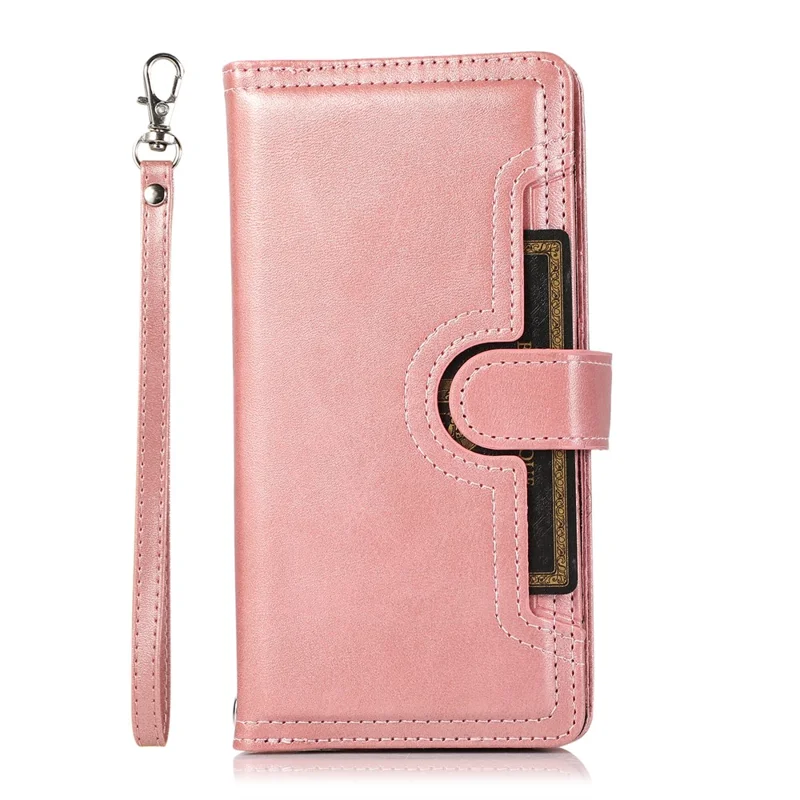 For iPhone 16 Pro Max Case Split Leather Magnetic Wallet Phone Protector with Wrist Strap - Rose Gold