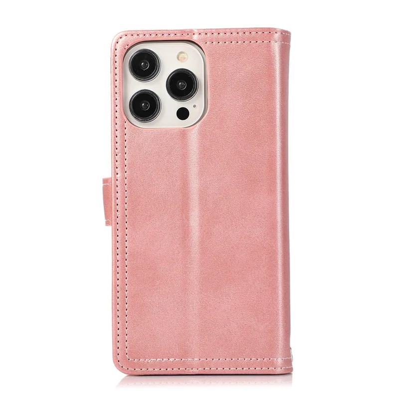 For iPhone 16 Pro Max Case Split Leather Magnetic Wallet Phone Protector with Wrist Strap - Rose Gold
