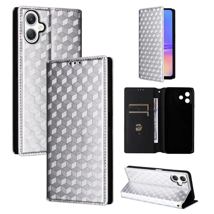 Für Samsung Galaxy A06 Wallet Case Rhombus Geprägtes Leder Handyhülle - Silber