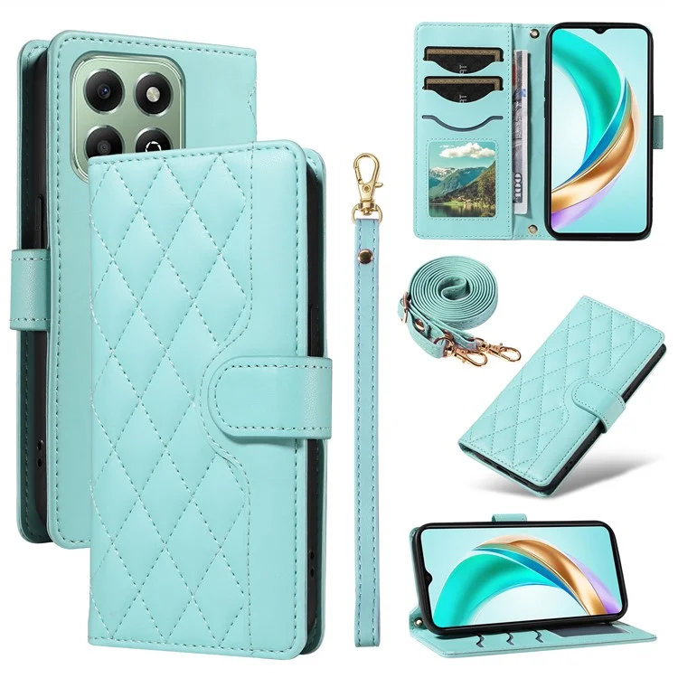 For Honor X6b 4G Case Wallet Rhombus Leather Phone Cover with Shoulder Strap, Wrist Strap - Green