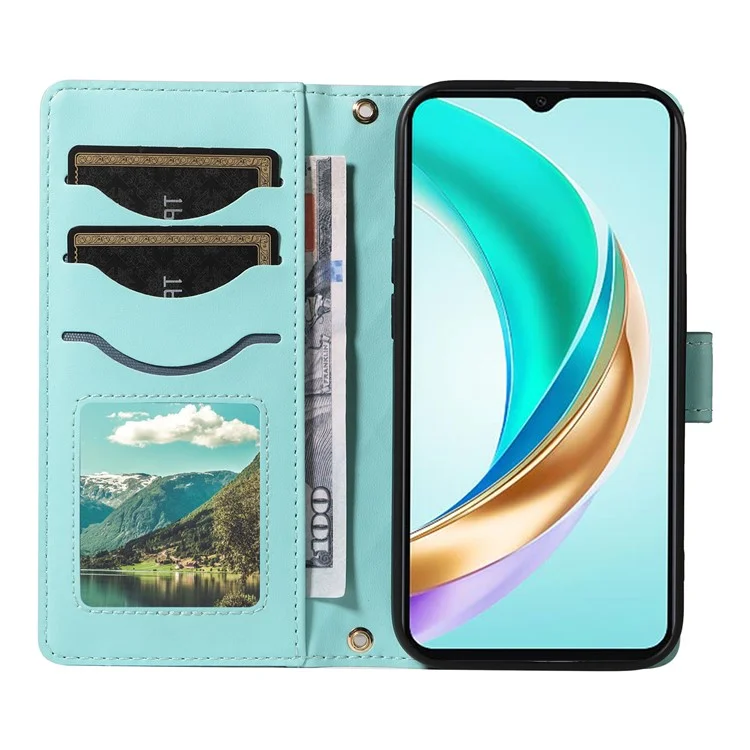 For Honor X6b 4G Case Wallet Rhombus Leather Phone Cover with Shoulder Strap, Wrist Strap - Green