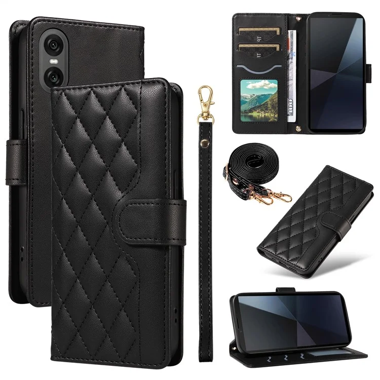Para Sony Xperia 10 VI Case Willet Rombus Teléfono de Cuero Con Correa Para el Hombro, Correa de Muñeca - Negro