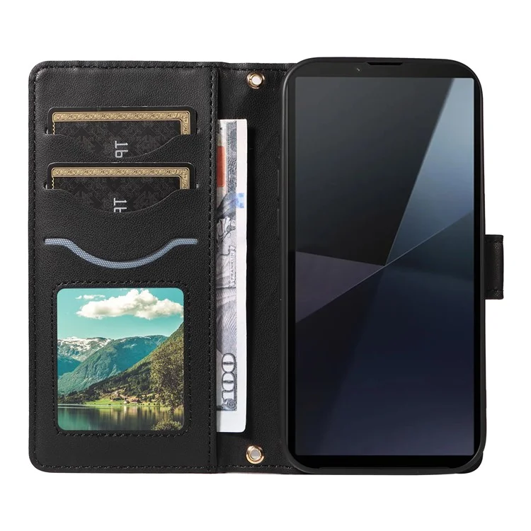Para Sony Xperia 10 VI Case Willet Rombus Teléfono de Cuero Con Correa Para el Hombro, Correa de Muñeca - Negro