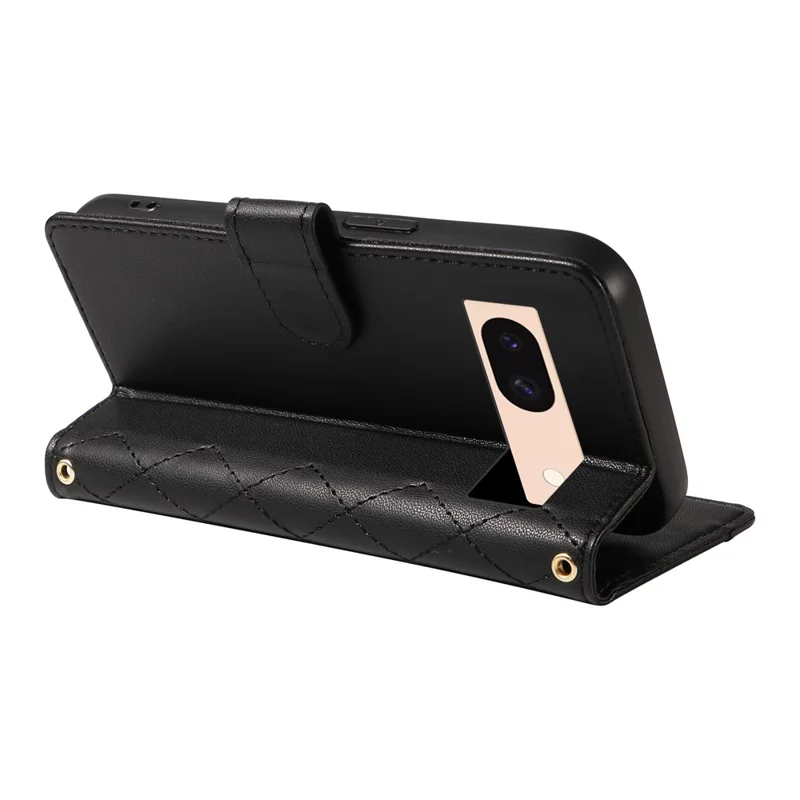 Para Google Pixel 8 Case Willet Rhombus Cuero Cubierta Con Correa Para el Hombro, Correa de Muñeca - Negro