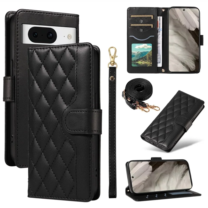 Für Google Pixel 8 Case Wallet Rhombus Leder Telefonhülle mit Schultergurt, Handgelenksband - Schwarz