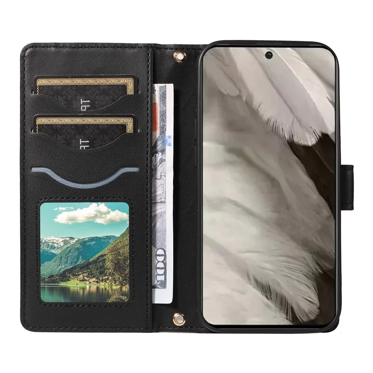 Für Google Pixel 8 Case Wallet Rhombus Leder Telefonhülle mit Schultergurt, Handgelenksband - Schwarz