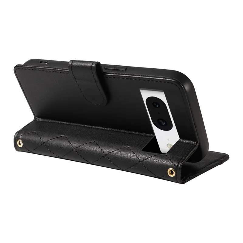 Für Google Pixel 8 Case Wallet Rhombus Leder Telefonhülle mit Schultergurt, Handgelenksband - Schwarz