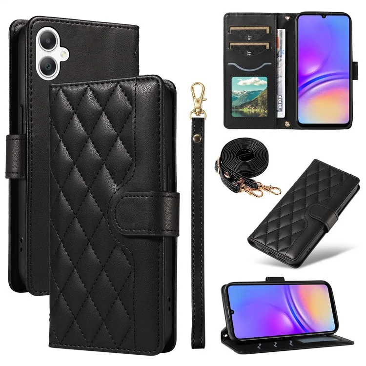 Для Samsung Galaxy A06 Case Wallet Rombus Кожаный Телефон с Плечевым Ремнем, Запястье - Черный