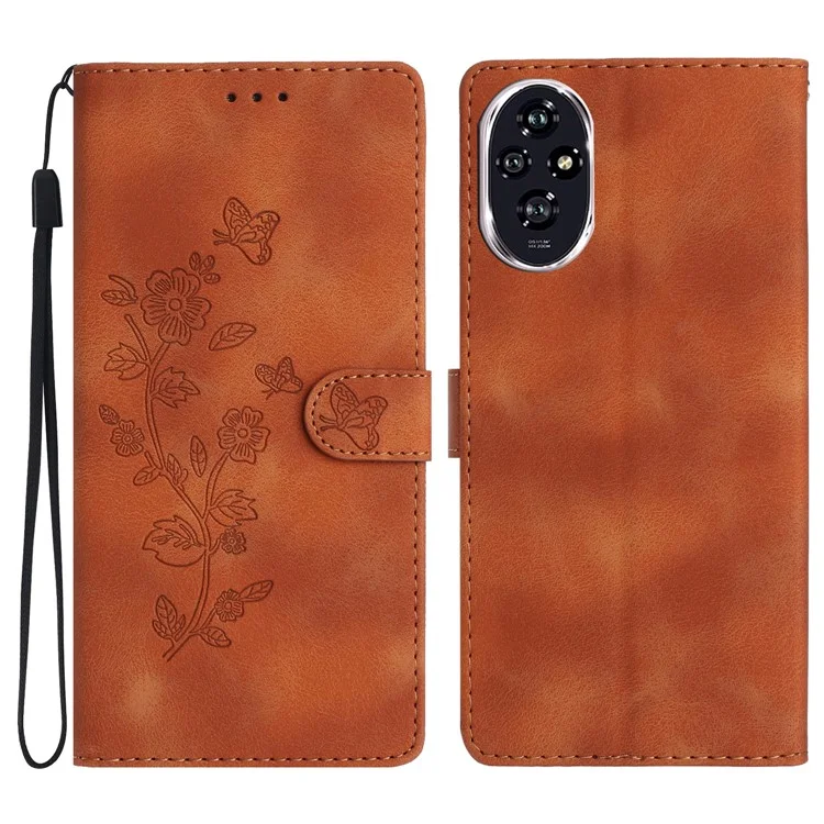 For Honor 200 5G Case Leather Imprinted Flower Phone Cover Wallet with Wrist Strap - Brown