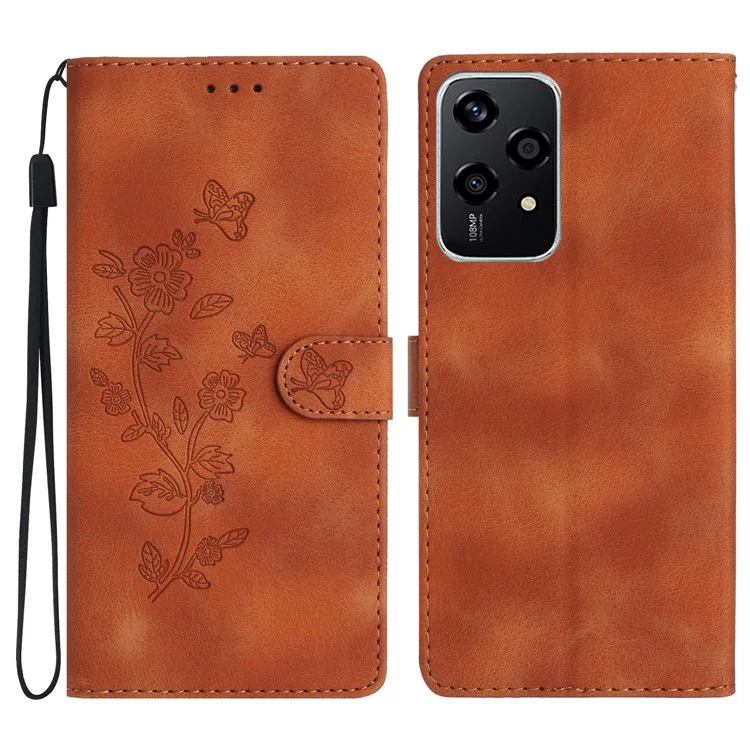 For Honor 200 Lite Case Leather Imprinted Flower Phone Cover Wallet with Wrist Strap - Brown